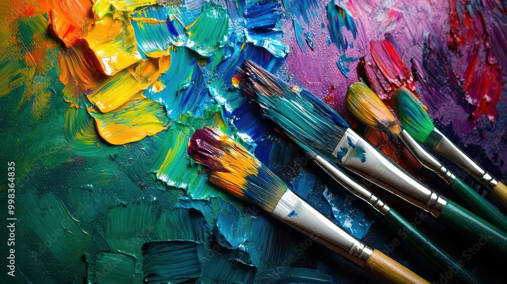 Obraz premium A colorful array of paint splashes and various brushes rests on a canvas, illustrating vibrant artistic expression and creativity. Generative AI