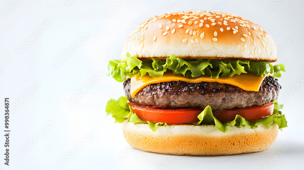 Delicious burger with grilled patty, fresh lettuce, ripe tomatoes, melted cheese in sesame seed bun, ideal for promotional use with ample space. Delicious burger with grilled patty, fresh lettuce, ripe tomatoes, melted cheese in sesame seed bun, ideal for promotional use with ample space.