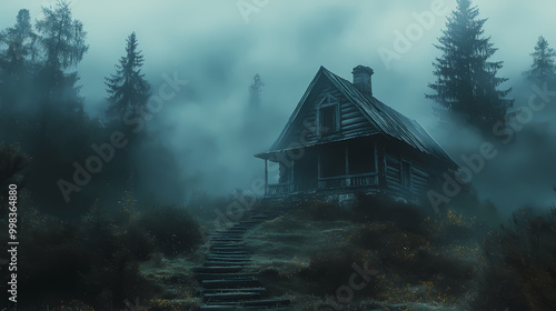 An old house in natural view.big mountain.An isolated mountain hut in the foggy forest.