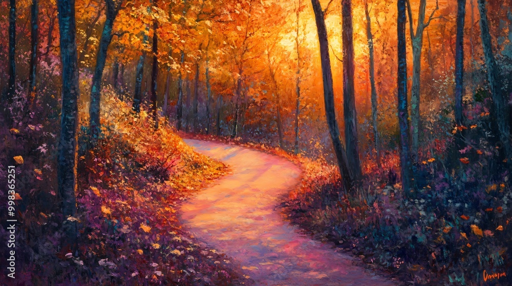 Fototapeta premium A winding path through an autumn forest with golden light filtering through the trees.