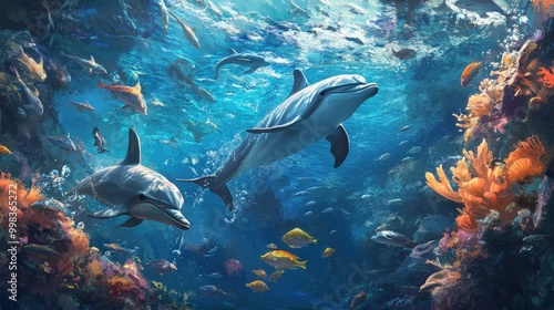 playful underwater setting with a school of fish interacting with playful dolphins