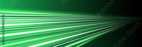 Motion luminous linear trails horizontal banner. High speed green glowing rays. Abstract long time exposure motion blur dynamic effect. Fast zoom light flash stripes. Perspective movement. Eps