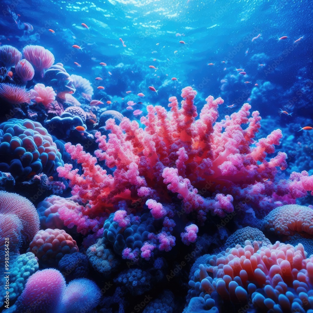 Fototapeta premium Beautiful pink corals underwater close up in blue water. Underwater world. photo