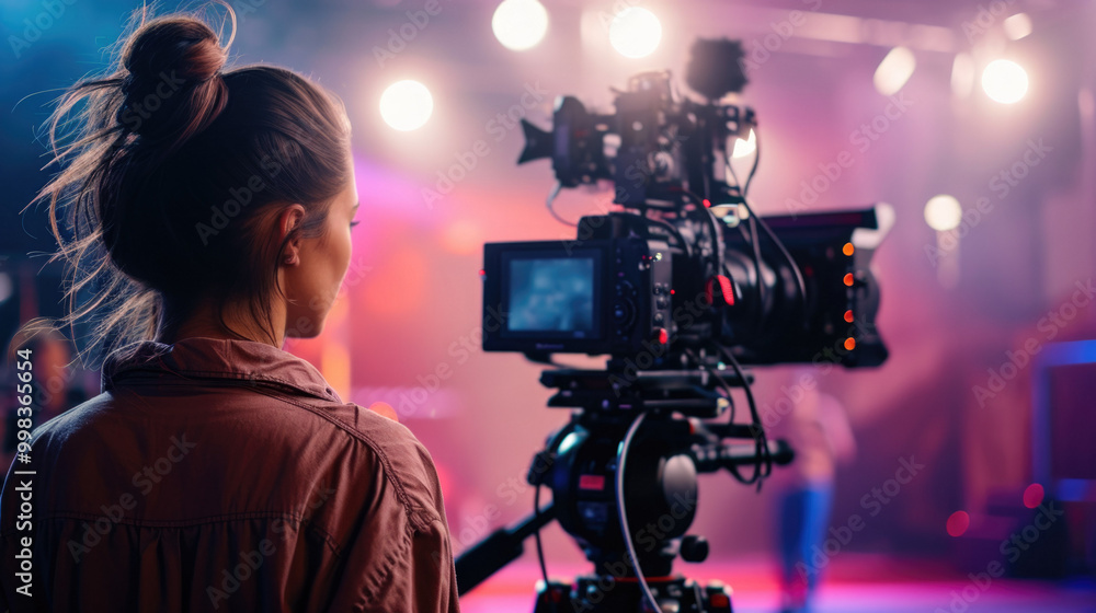 Behind the scene. Female cameraman shooting the film scene with camera in film studio. Behind the scene. Female cameraman shooting the film scene with camera in film studio.