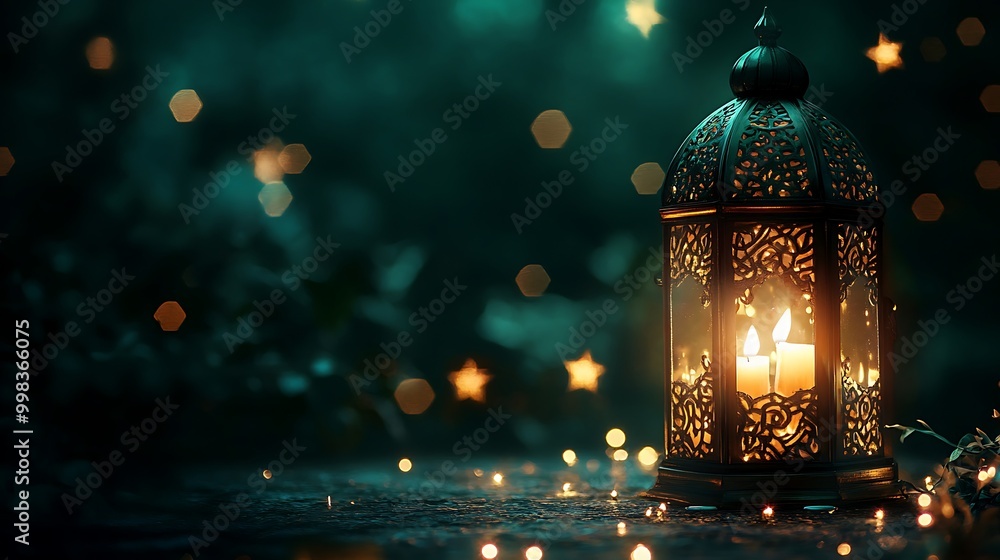 A delicate lantern with intricate patterns, surrounded by stars and lights, symbolizing the holy month of Ramadan A delicate lantern with intricate patterns, surrounded by stars and lights, symbolizing the holy month of Ramadan