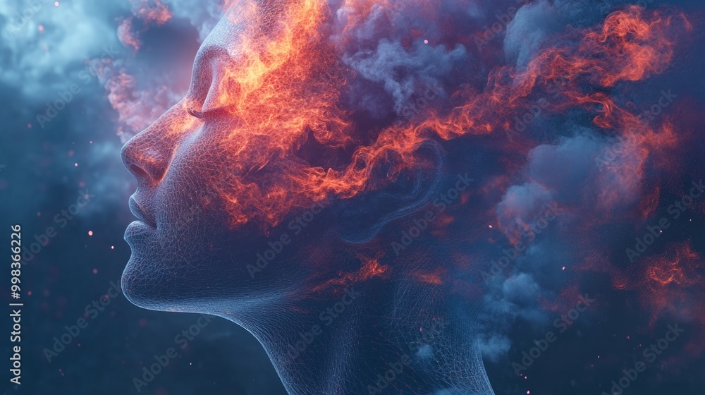 A surreal depiction of a woman's profile with fiery elements. A surreal depiction of a woman's profile with fiery elements.