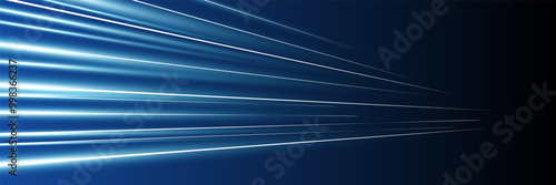 Motion luminous linear trails horizontal banner. High speed bright blue glowing rays. Abstract long time exposure motion blur dynamic effect. Fast zoom light flash stripes. Perspective movement. Eps