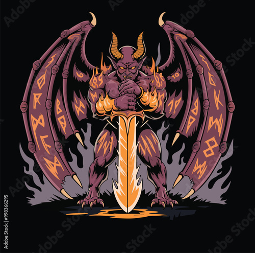 Fierce Demon Warrior with Flaming Sword and Runes, Purple and Orange Fantasy Creature Tshirt Design