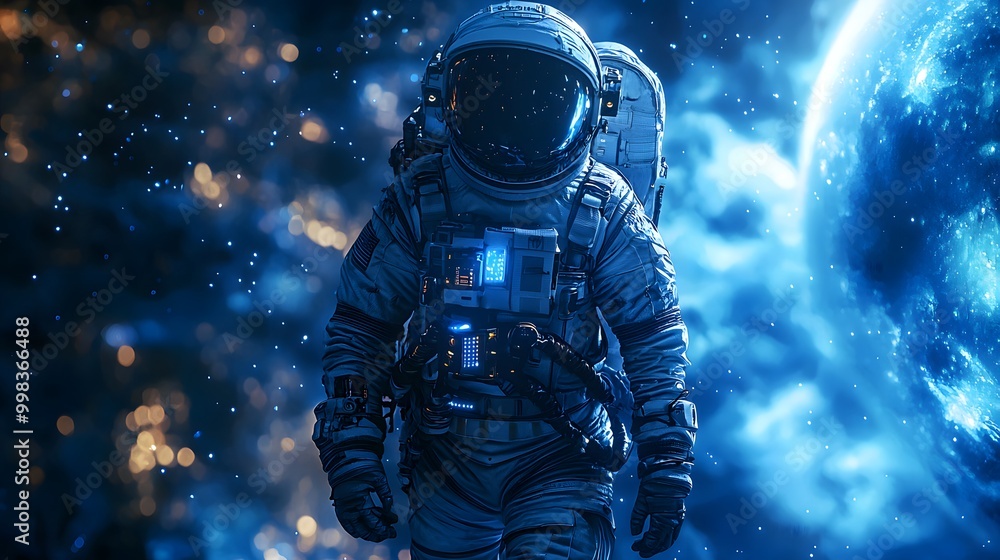 An astronaut in a futuristic space suit explores a celestial landscape. An astronaut in a futuristic space suit explores a celestial landscape.