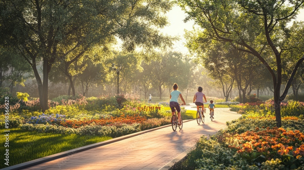 Family biking through a vibrant park in the morning light. Family biking through a vibrant park in the morning light.