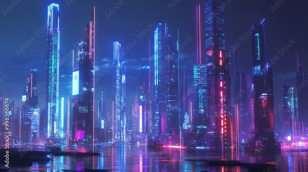 Fototapeta premium Futuristic cityscape with neon lights reflecting on water.