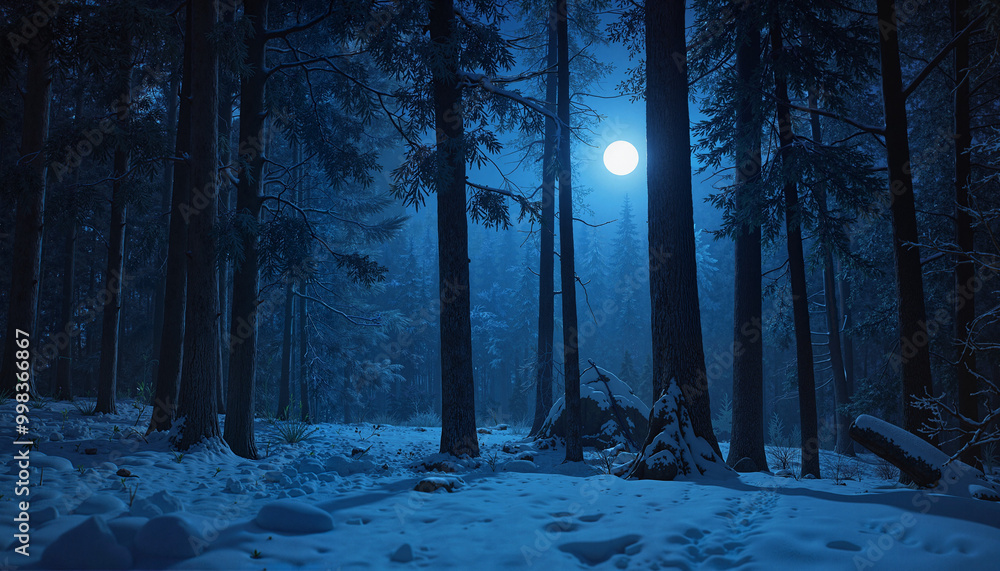 © Alevtina - Mystical winter forest at night, moonlight shining through trees, with snow covering ground © Alevtina - Mystical winter forest at night, moonlight shining through trees, with snow covering ground