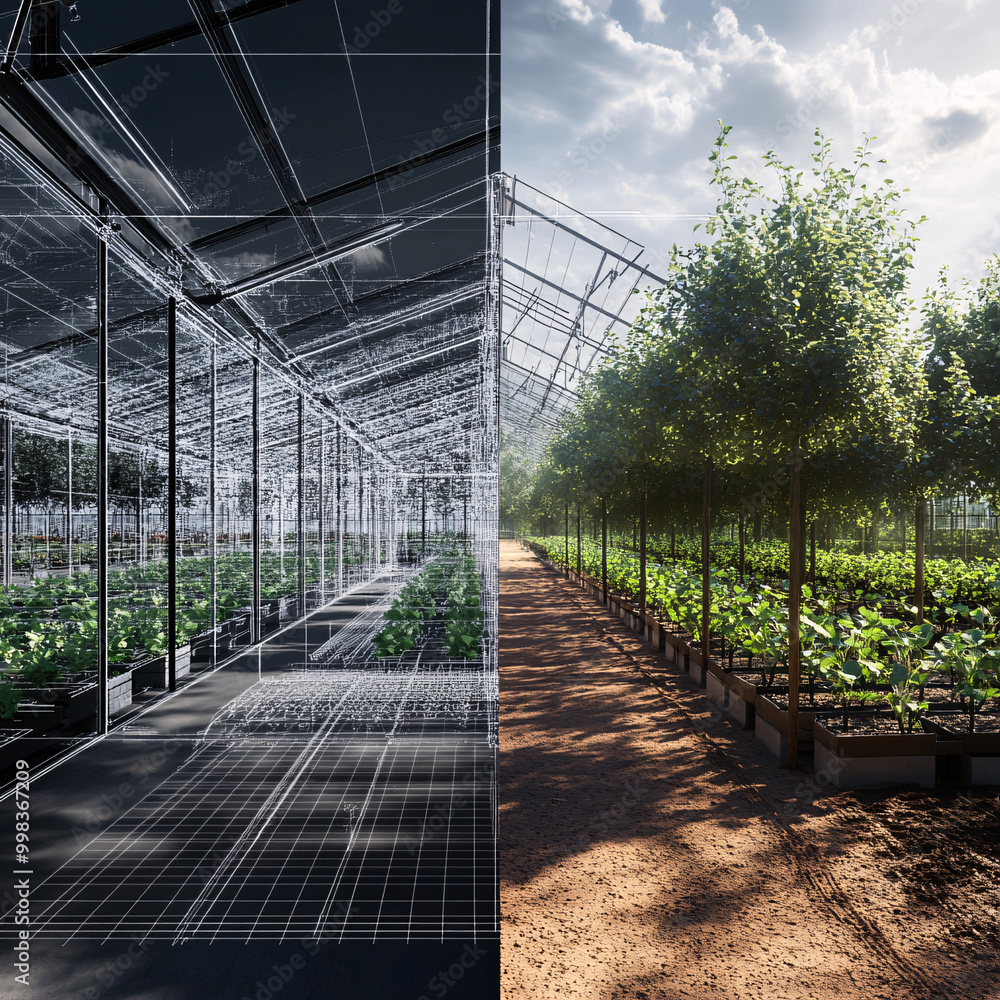  Holographic greenhouse transformation showing modern agricultural technology, digital blueprint grid contrasted with real-world plants growing under natural light, the fusion of nature and tech.