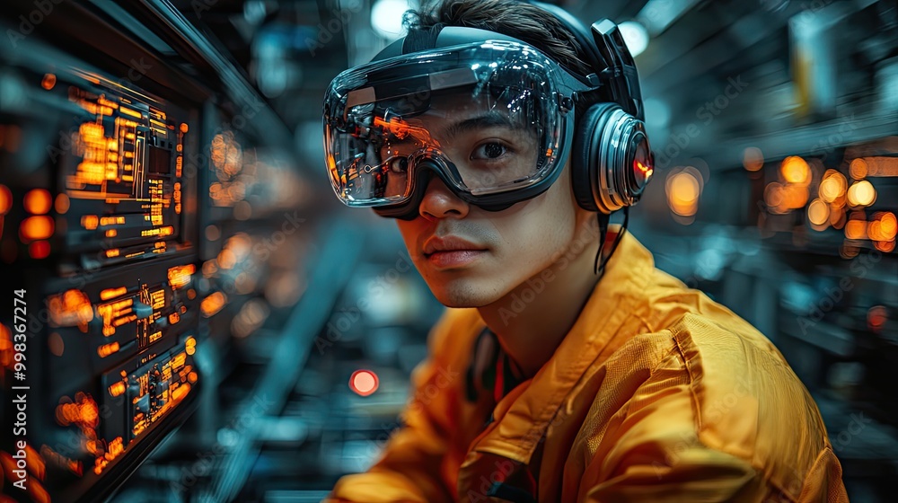 A futuristic factory integrates VR headsets and AR to blend human skills with smart technology, enhancing productivity. A futuristic factory integrates VR headsets and AR to blend human skills with smart technology, enhancing productivity.