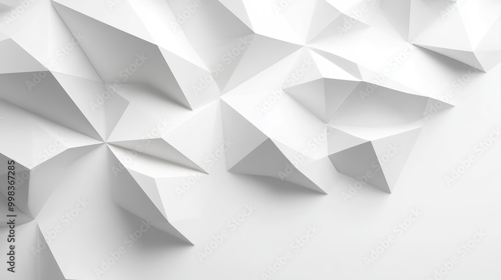 Modern Abstract White Background with Geometric Shapes for Product Presentation, 3D Polygonal Paper Triangles Mockup, Interior Design Wall Space, Panoramic Banner Mock-up Template Modern Abstract White Background with Geometric Shapes for Product Presentation, 3D Polygonal Paper Triangles Mockup, Interior Design Wall Space, Panoramic Banner Mock-up Template