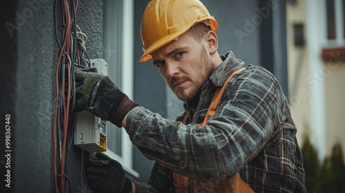 Electrician installing wiring and connecting the wires in residential building