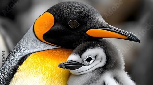 A loving Emperor penguin parent cuddles its fluffy chick. photo