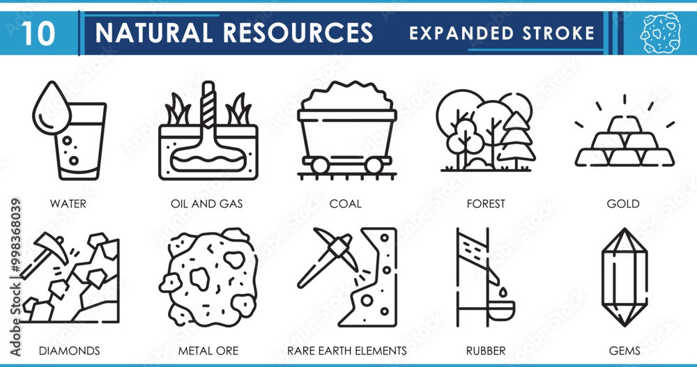 A set of line icons related to Natural Resources. Nature, natural, minerals, water, ores, oil, gas, gems, and so on. Vector outline icons set. A set of line icons related to Natural Resources. Nature, natural, minerals, water, ores, oil, gas, gems, and so on. Vector outline icons set.