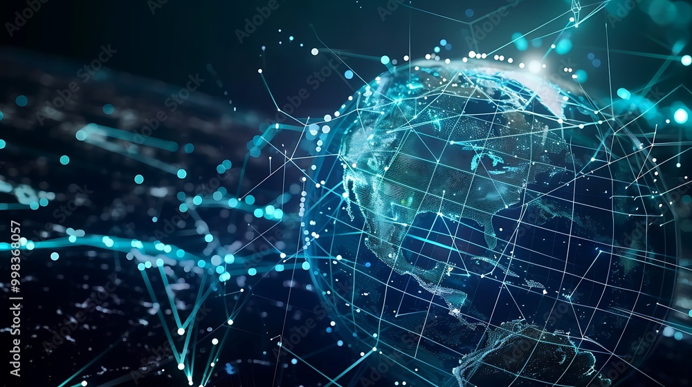 Cybersecurity grid overlaying a 3D globe in a dark virtual space Cybersecurity grid overlaying a 3D globe in a dark virtual space