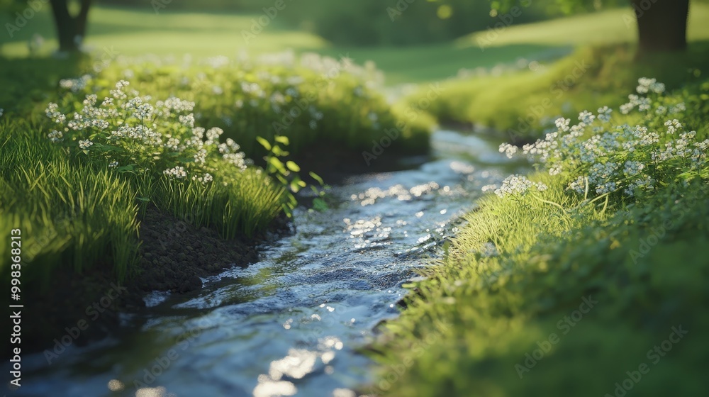 bubbling brook winding through a meadow, set against a green screen bubbling brook winding through a meadow, set against a green screen