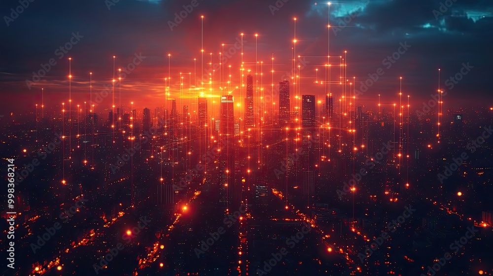 Fototapeta premium A futuristic innovation concept involving wireless networks and connections with an abstract cityscape backdrop.