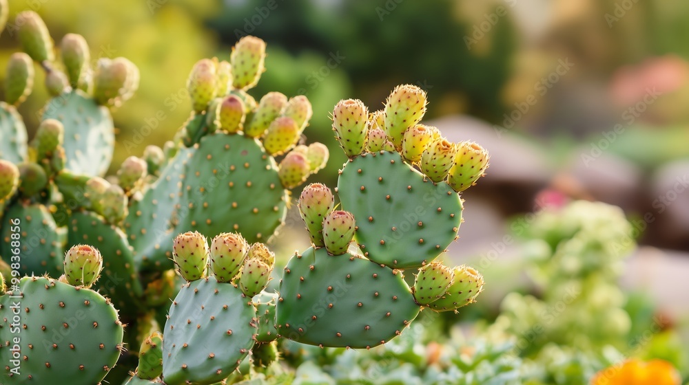 Cacti with growing pads thrive in a vibrant garden setting during warm sunlight, showcasing nature's resilience and beauty Cacti with growing pads thrive in a vibrant garden setting during warm sunlight, showcasing nature's resilience and beauty