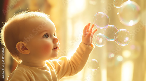 Baby interacting with floating bubbles in a softly lit environment.