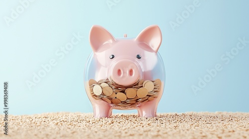 A cute pink piggy bank filled with coins, representing savings and financial planning in a bright and cheerful setting. photo