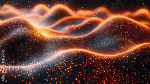 A futuristic technology background features glowing waves and a digital network system.