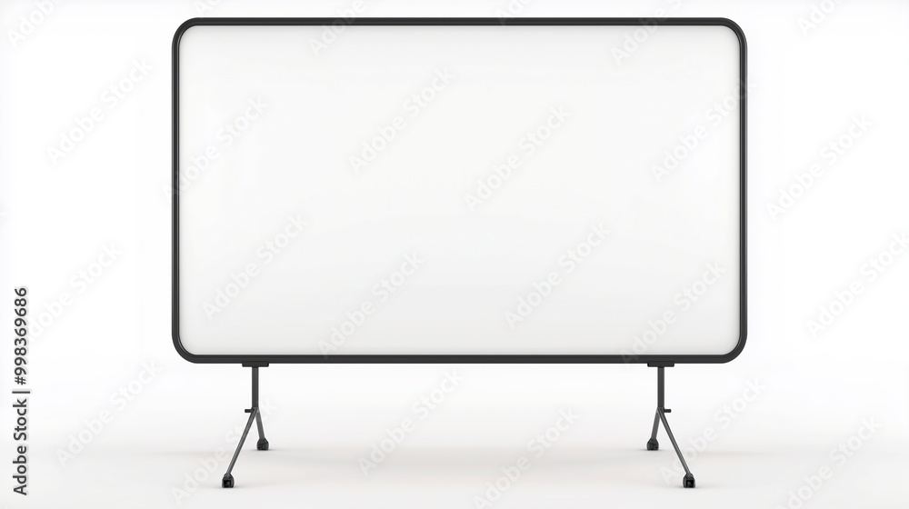 A blank whiteboard with no text or image, isolated against a pure white background and mounted on a stand. A blank whiteboard with no text or image, isolated against a pure white background and mounted on a stand.