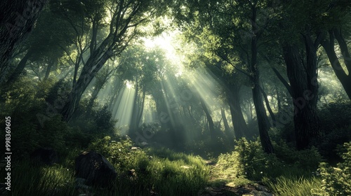 forest with sunbeams piercing through the canopy, illuminating patches of the forest floor