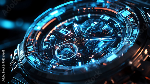 Wallpaper Mural Close-up of a futuristic watch with glowing blue and orange elements. Torontodigital.ca