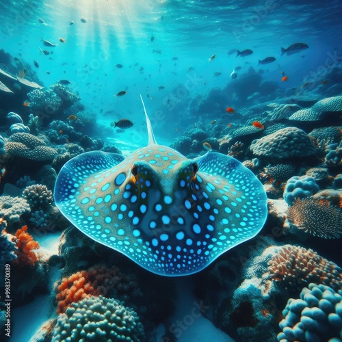 Underwater Stingray. Underwater tropical Blue-spotted Stingray (Taeniura lymma). Underwater fish reef marine. Tropical colourful underwater seascape. Reef coral scene. Coral garden seascape.. photo photo