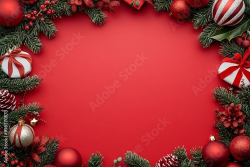 Red Christmas template for design with festive frame on red background. Flat lay, top view and copy space for text photo