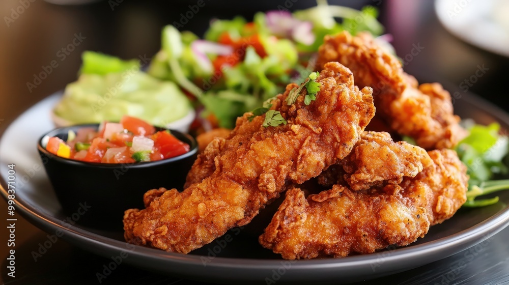 plate of fried chicken tenders with a smoky chipotle seasoning. plate of fried chicken tenders with a smoky chipotle seasoning.