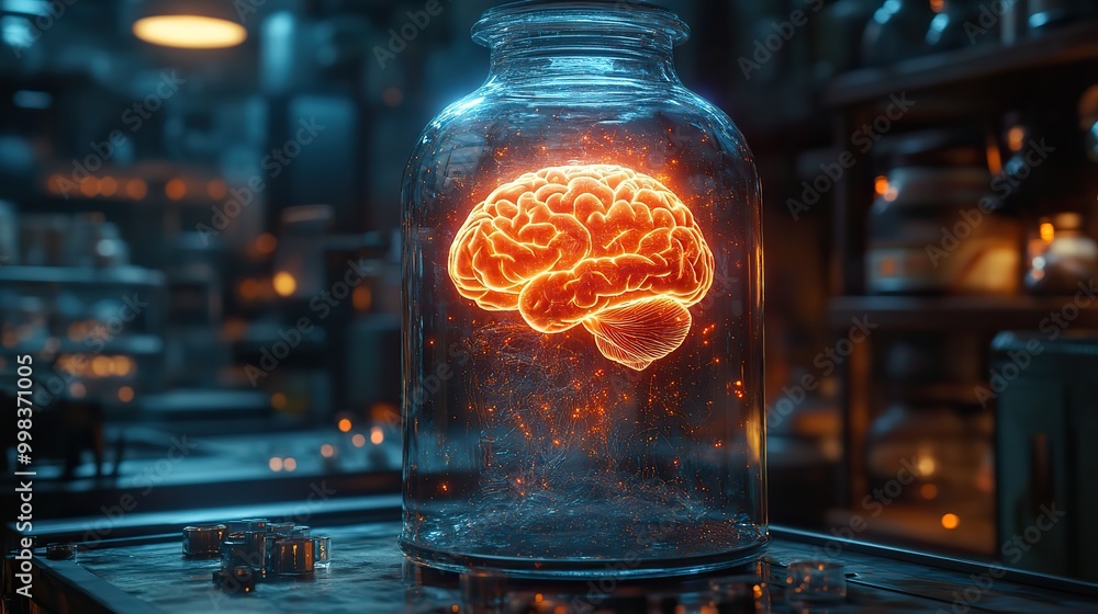A glowing brain is illustrated inside a glass jar, depicting advanced scientific concepts. A glowing brain is illustrated inside a glass jar, depicting advanced scientific concepts.
