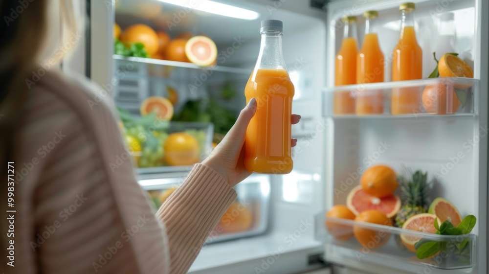 A woman is holding a bottle of orange juice in an open refrigerator A woman is holding a bottle of orange juice in an open refrigerator