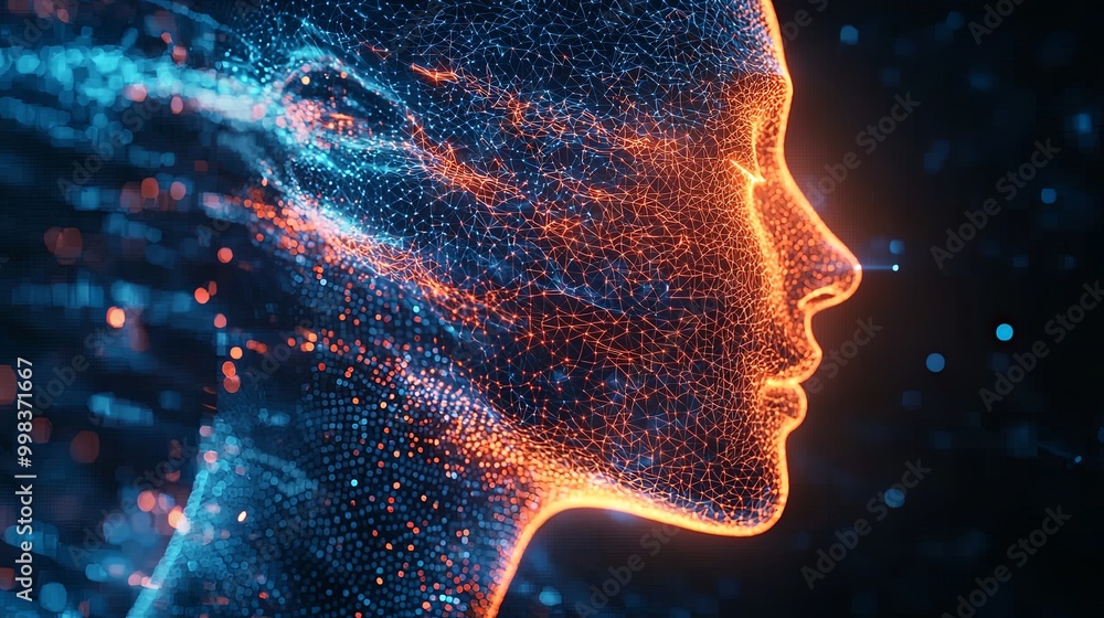 A blue and orange digital representation of a human profile with glowing particles, illustrating the harmony between technology and human intelligence in a modern, creative style. A blue and orange digital representation of a human profile with glowing particles, illustrating the harmony between technology and human intelligence in a modern, creative style.