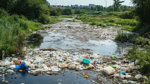 river choked with garbage, including plastic debris, food wrappers, and other trash.