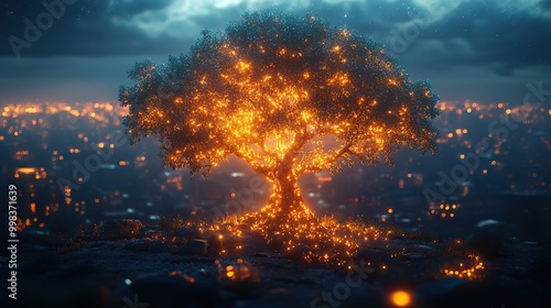 A glowing tree grows among cityscapes, representing digital technology in a studio setting.