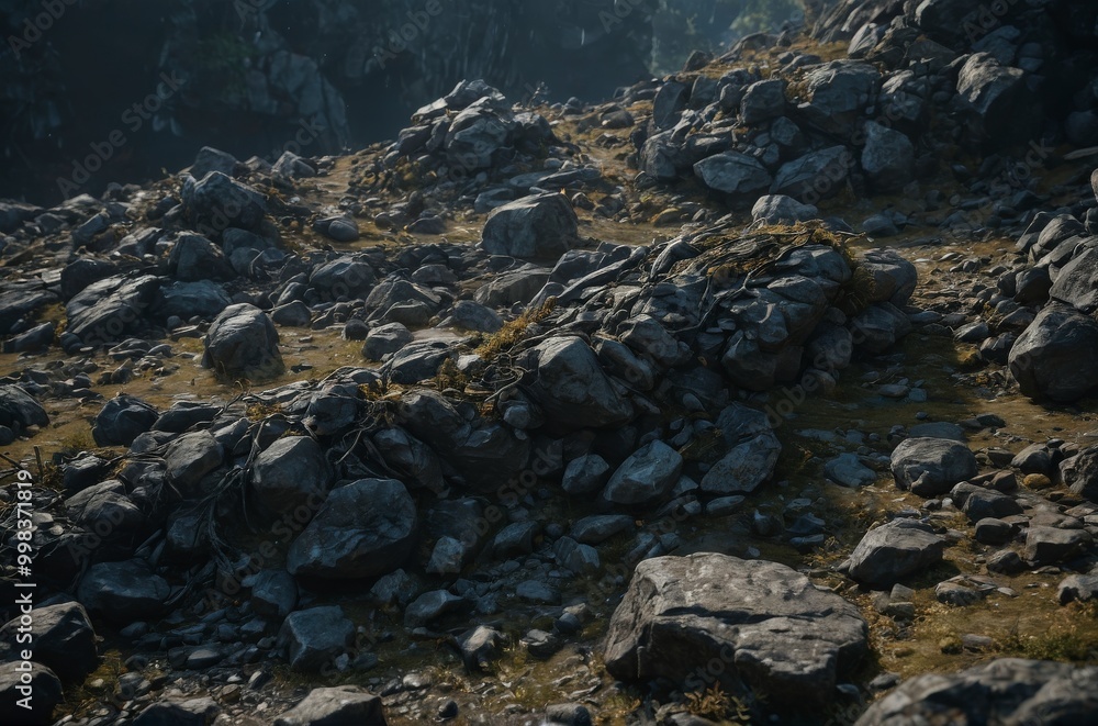 Obraz premium A rocky hillside with a few plants growing out of the rocks