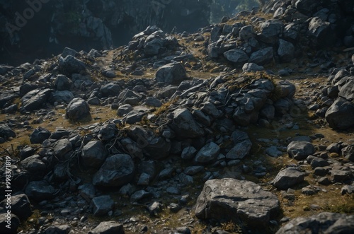 A rocky hillside with a few plants growing out of the rocks