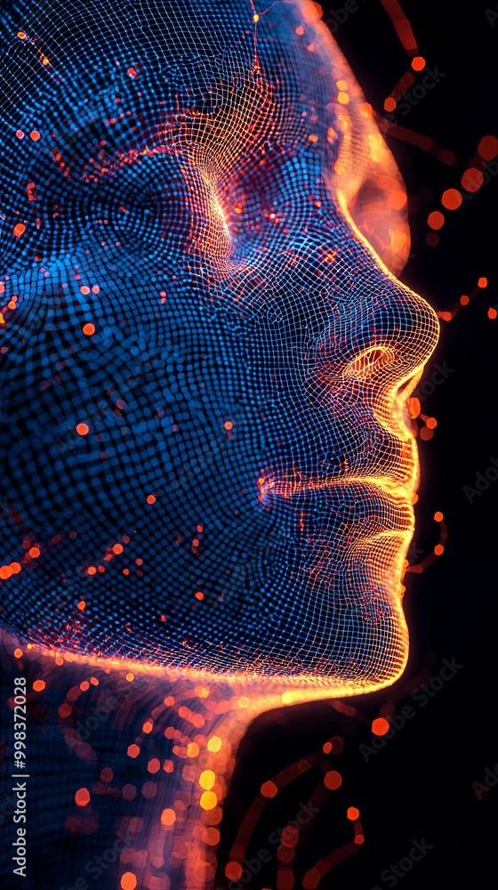 A stunning high-tech depiction of a digital face created with vibrant blue and orange grid lines, symbolizing the amalgamation of technology, emotion, and futuristic design. A stunning high-tech depiction of a digital face created with vibrant blue and orange grid lines, symbolizing the amalgamation of technology, emotion, and futuristic design.