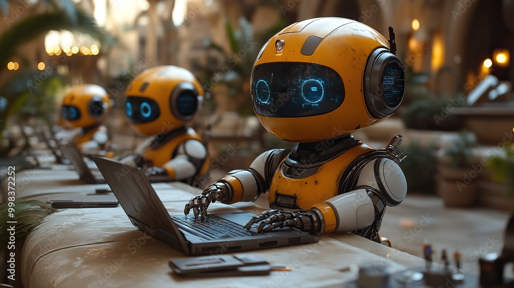 A group of robots sits around a table in a modern office, using artificial intelligence to work on laptops. A group of robots sits around a table in a modern office, using artificial intelligence to work on laptops.