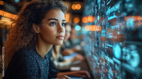 A group of young business professionals brainstorms in a meeting room, utilizing virtual icons and innovative interfaces. photo