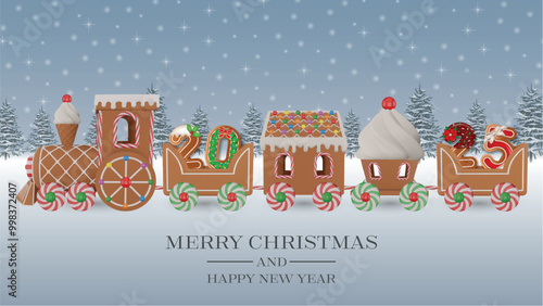 christmas greeting card with gingerbread train. merry christmas and happy new year banner with gingerbread cookies 