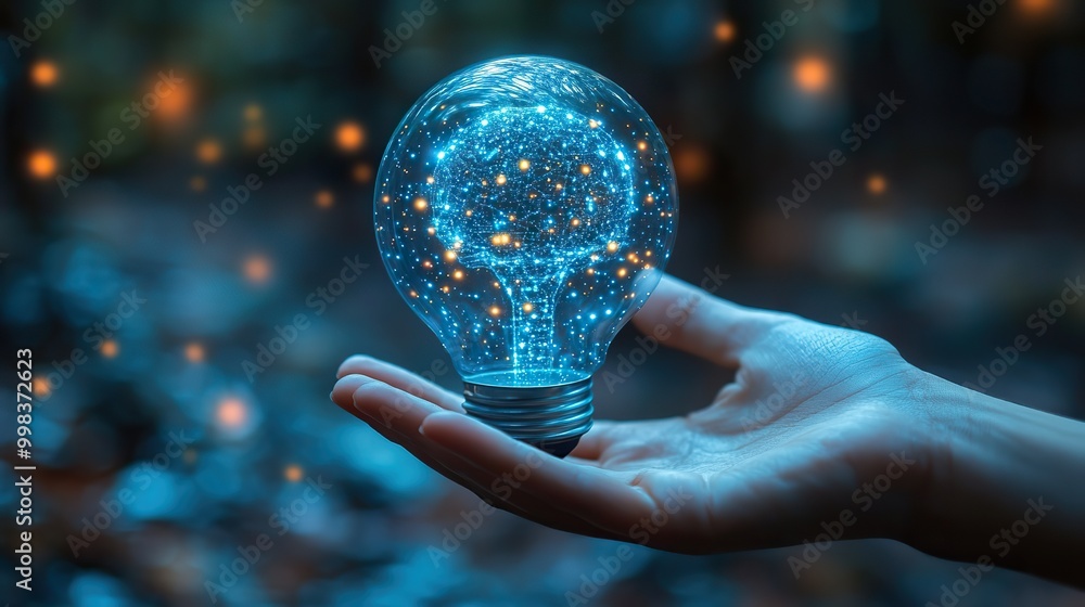 Fototapeta premium A hand holding a virtual interface with an AI brain inside a light bulb, representing innovative digital technology and artificial intelligence.