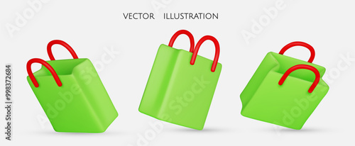 Set of Shopping bag realistic 3d design. Stylish fashionable bag isolated on white background. Colored collection. Vector illustration