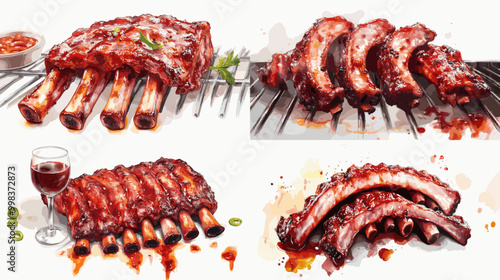 A collection of four different types of ribs, including baby back ribs, are shown in a watercolor painting