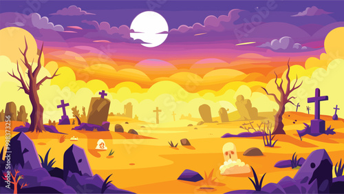 Spooky cemetery landscape with full moon at sunset in cartoon style